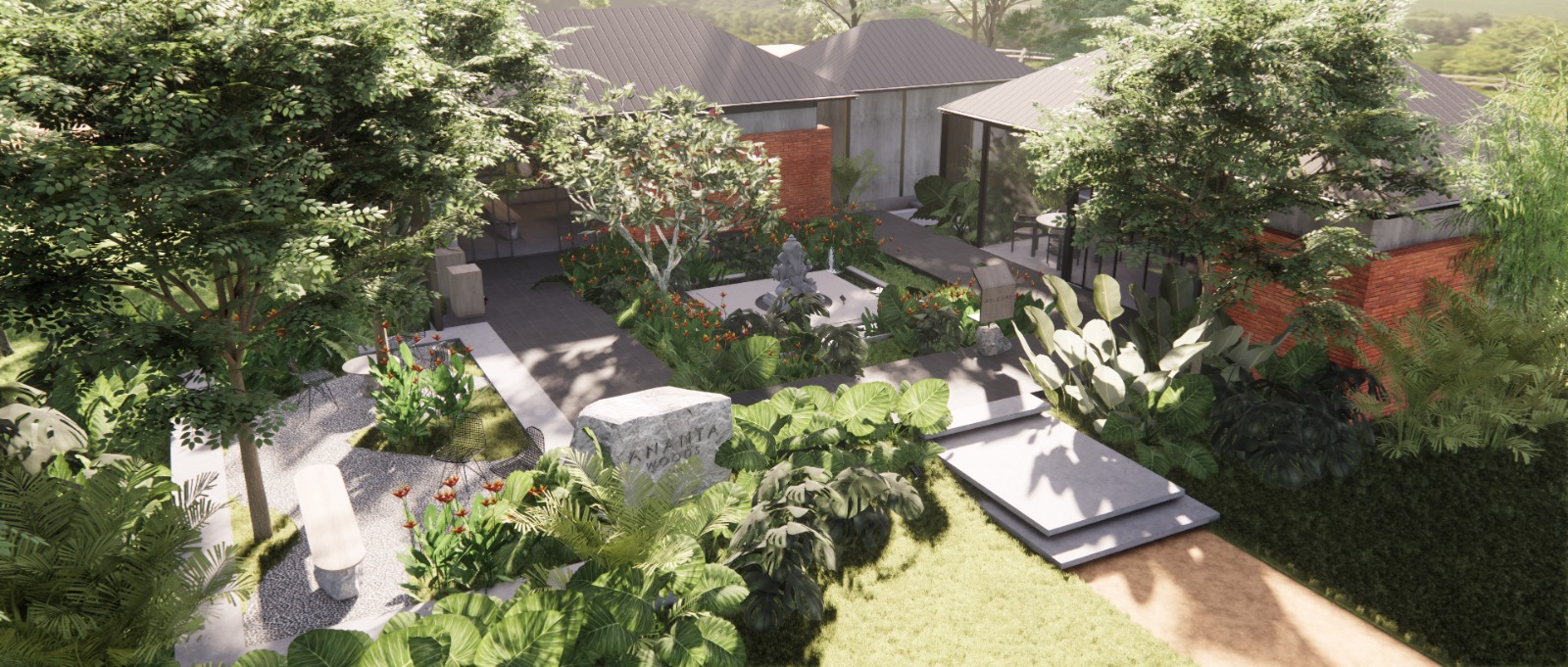 Aerial view of the Ananta Woods wellness courtyard, framed by forest
