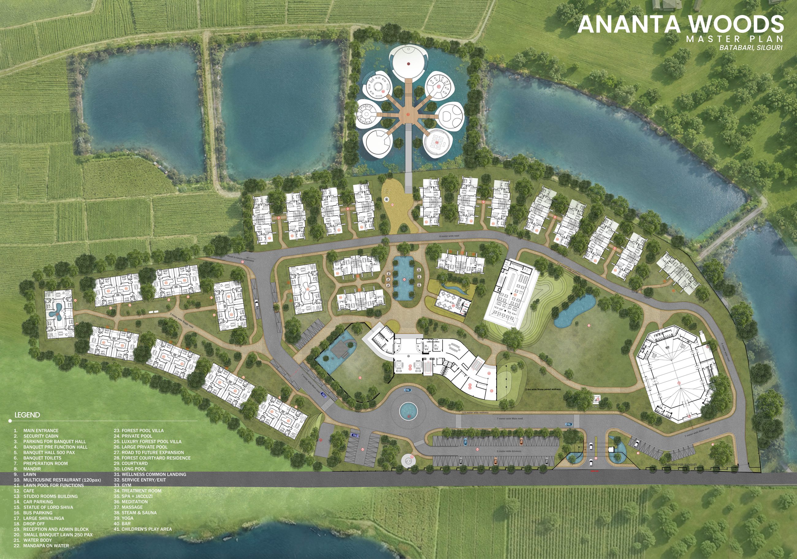 Ananta Woods estate masterplan — aerial layout of residences, wellness pavilion, water bodies and gathering spaces within the forest